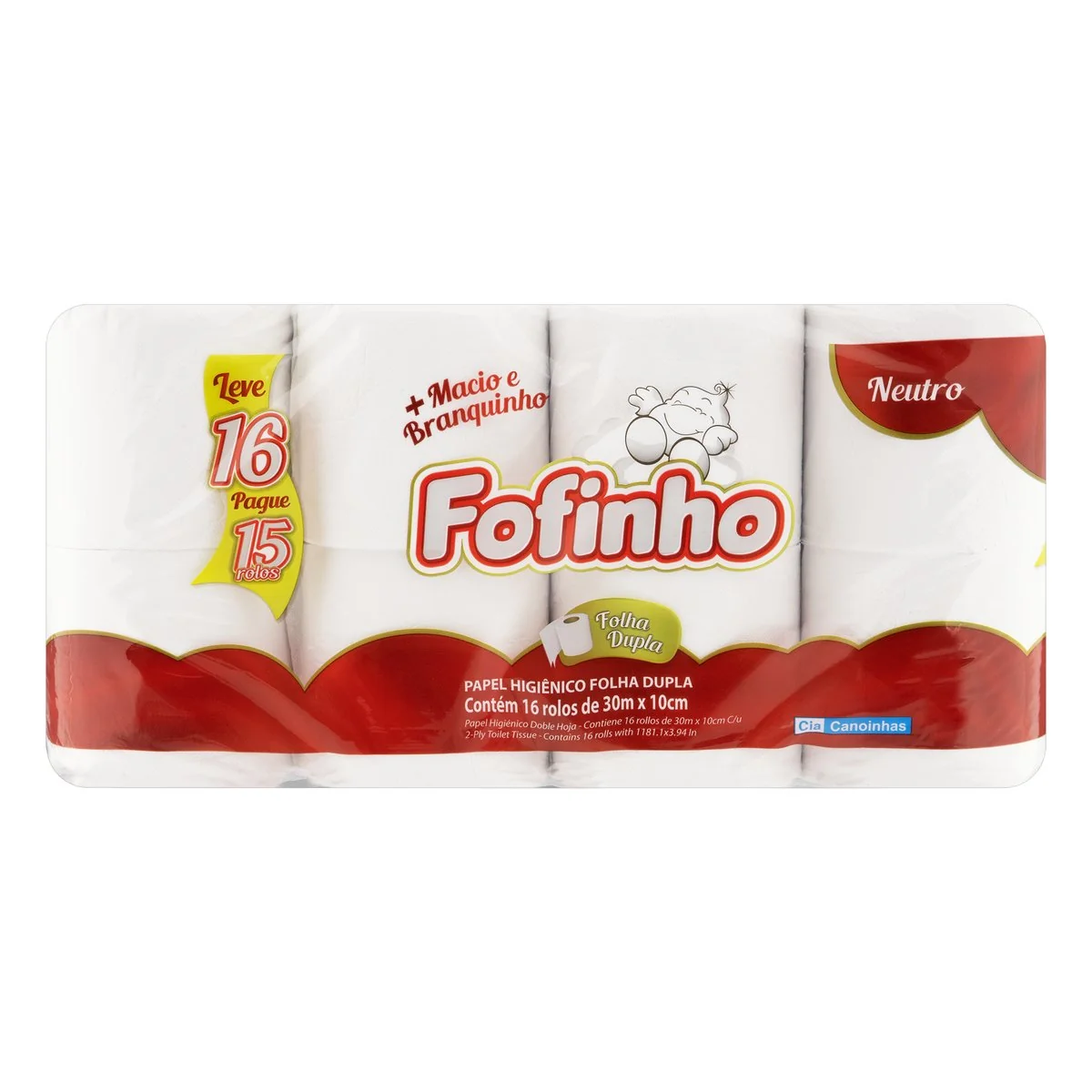 Papel Higiênico Folha Dupla Neutro Fofinho 30 m Pacote Leve 16 Pague 15 Unidades