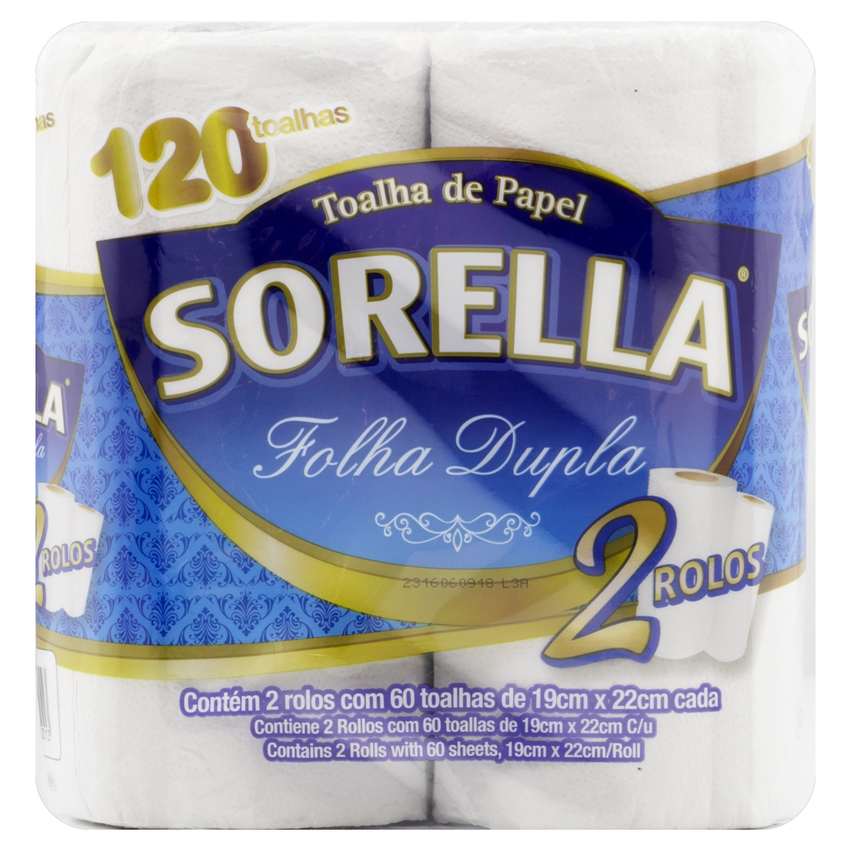 Toalha De Papel Folha Dupla Sorella 19cm X 22cm Pacote 2 Unidades