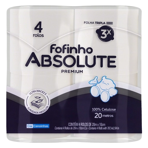 Papel Higiênico Folha Tripla Fofinho Absolute Premium 20m Pacote 4 Unidades