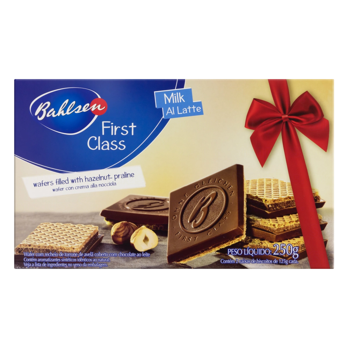 Wafer Recheio Torrone De Avelã Cobertura Chocolate Ao Leite Bahlsen First Class Caixa 250g
