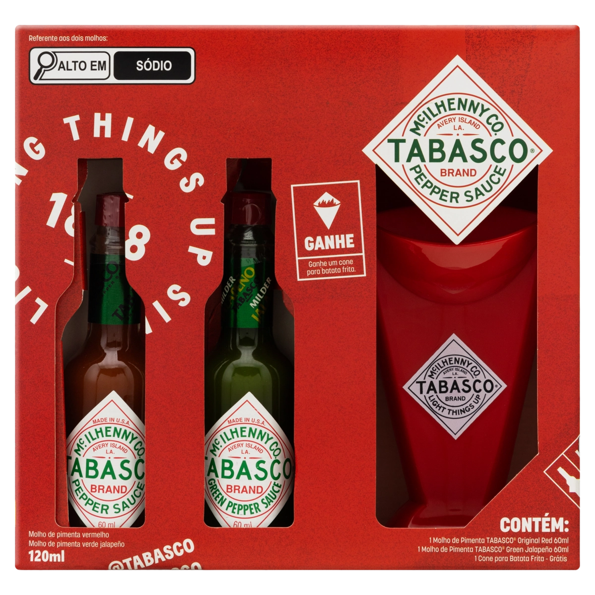 Kit Molho De Pimenta Vermelha Original Verde Jalapeño Tabasco 120ml Grátis Cone Para Batata Frita