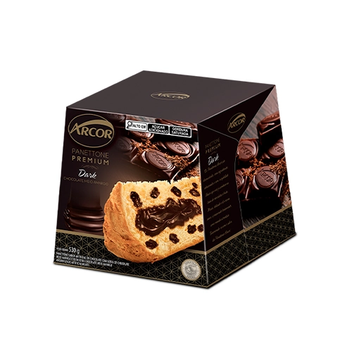 Panettone Chocolate Com Gotas De Chocolate Meio Amargo Recheio Dark Arcor Premium Caixa 530g