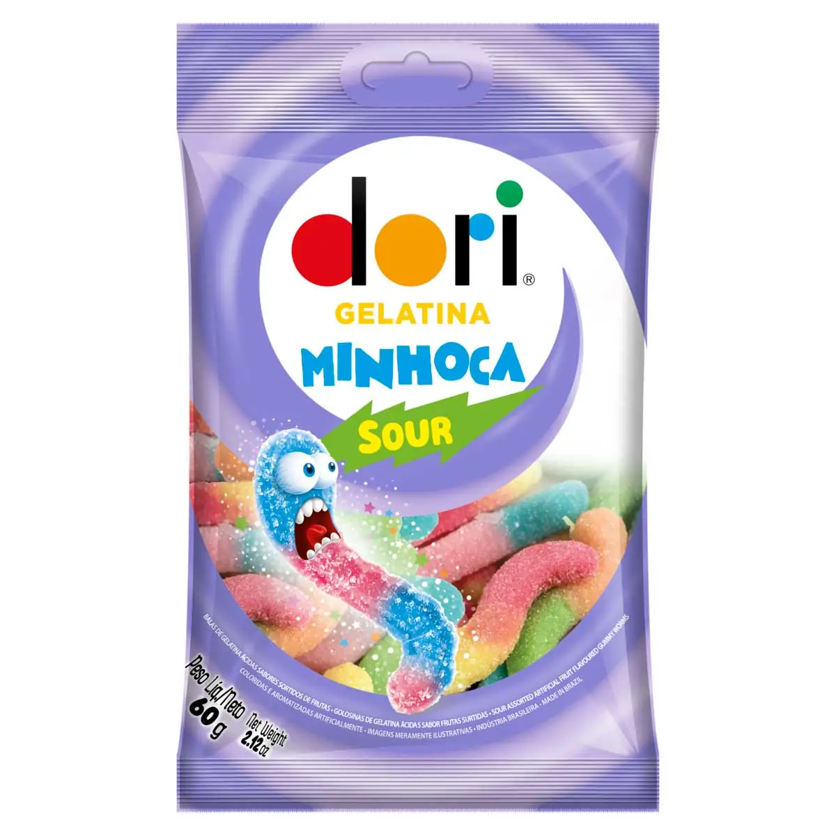 Bala de Gelatina Sortidos de Frutas Ácidas Minhoca Dori Pacote 60g