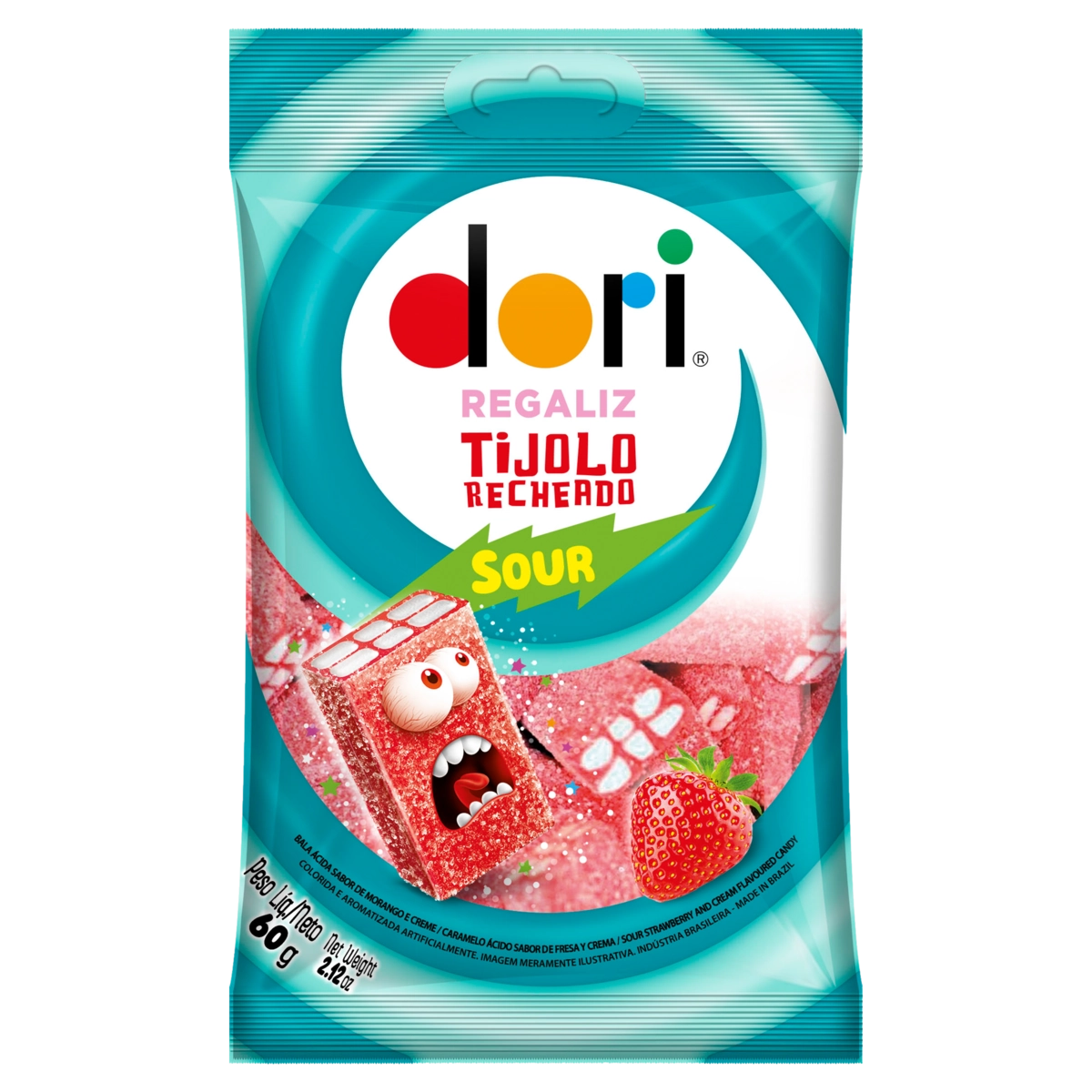 Bala Regaliz ácida Morango E Creme Tijolo Recheado Dori Pacote 60g