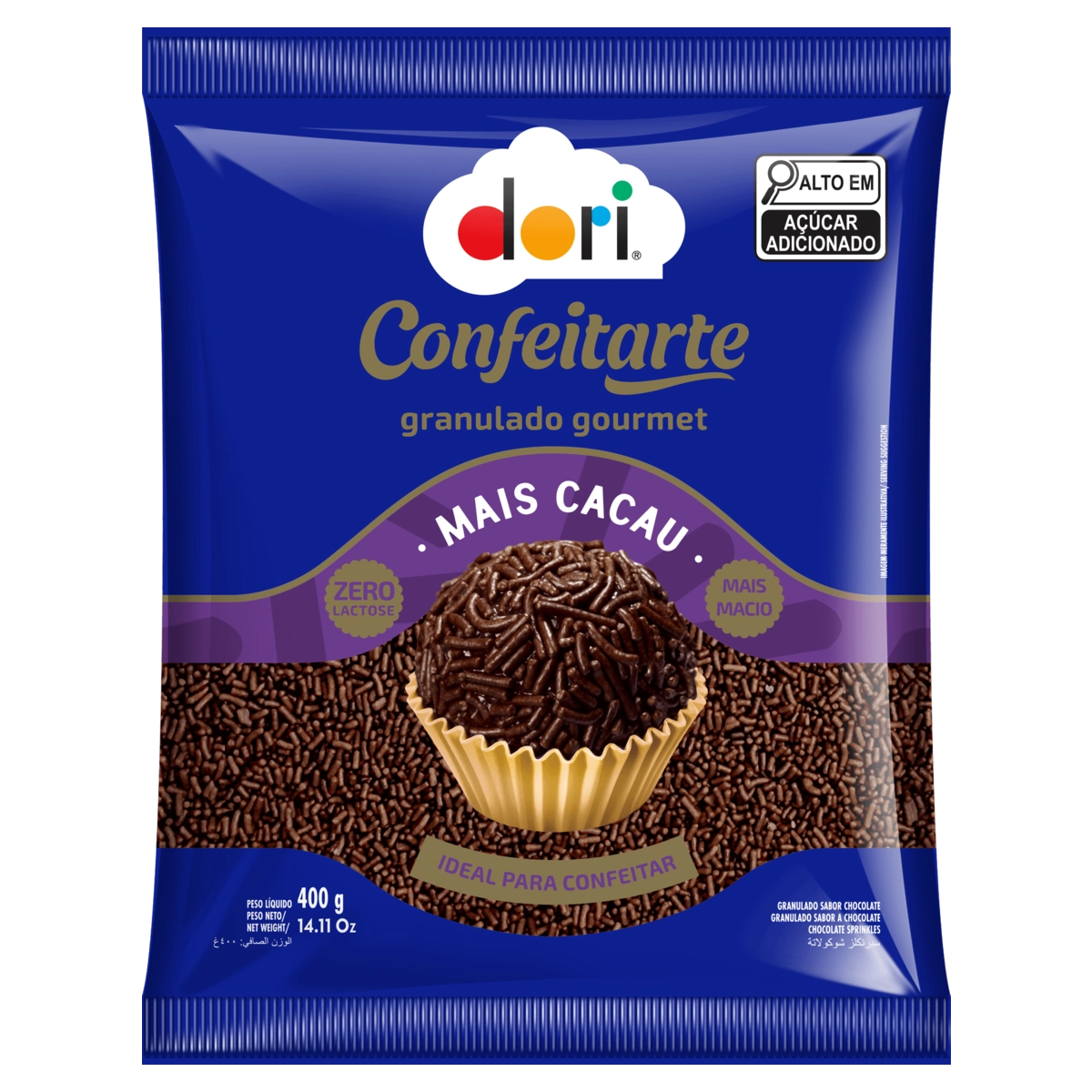 Confeito Granulado Chocolate Zero Lactose Dori Confeitarte Gourmet Mais Cacau Pacote 400g