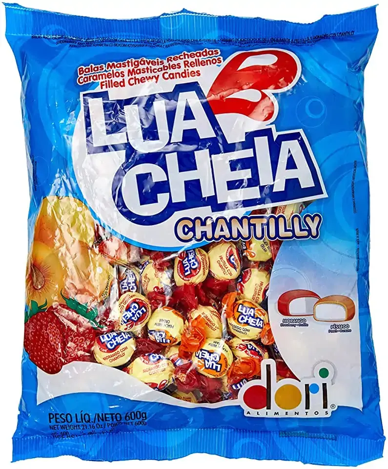 Bala Recheio Pêssego Ou Morango Dori Lua Cheia Chantilly Pacote 600g