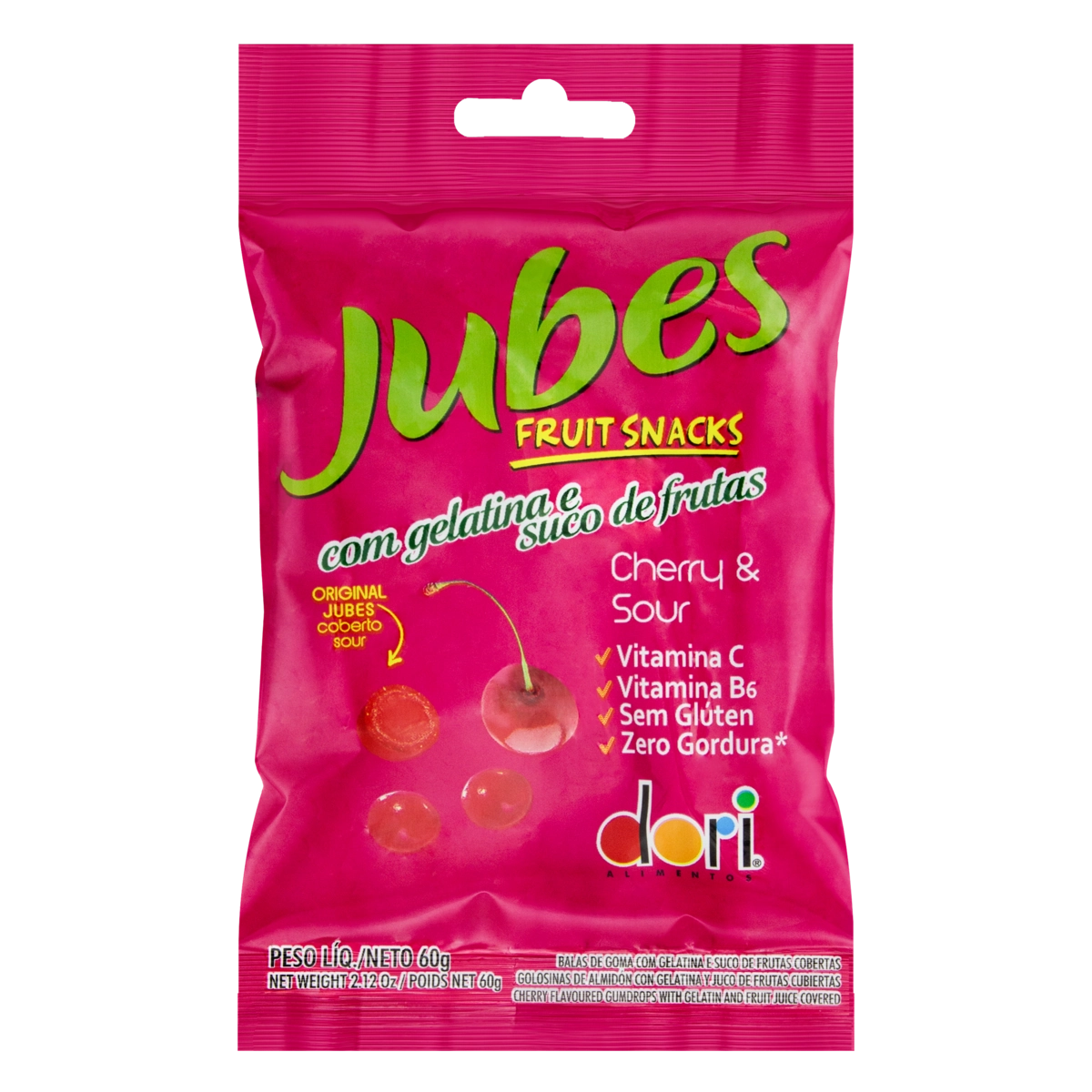 Bala De Goma Cherry Sour Fruit Snacks Dori Jubes Pacote 60g