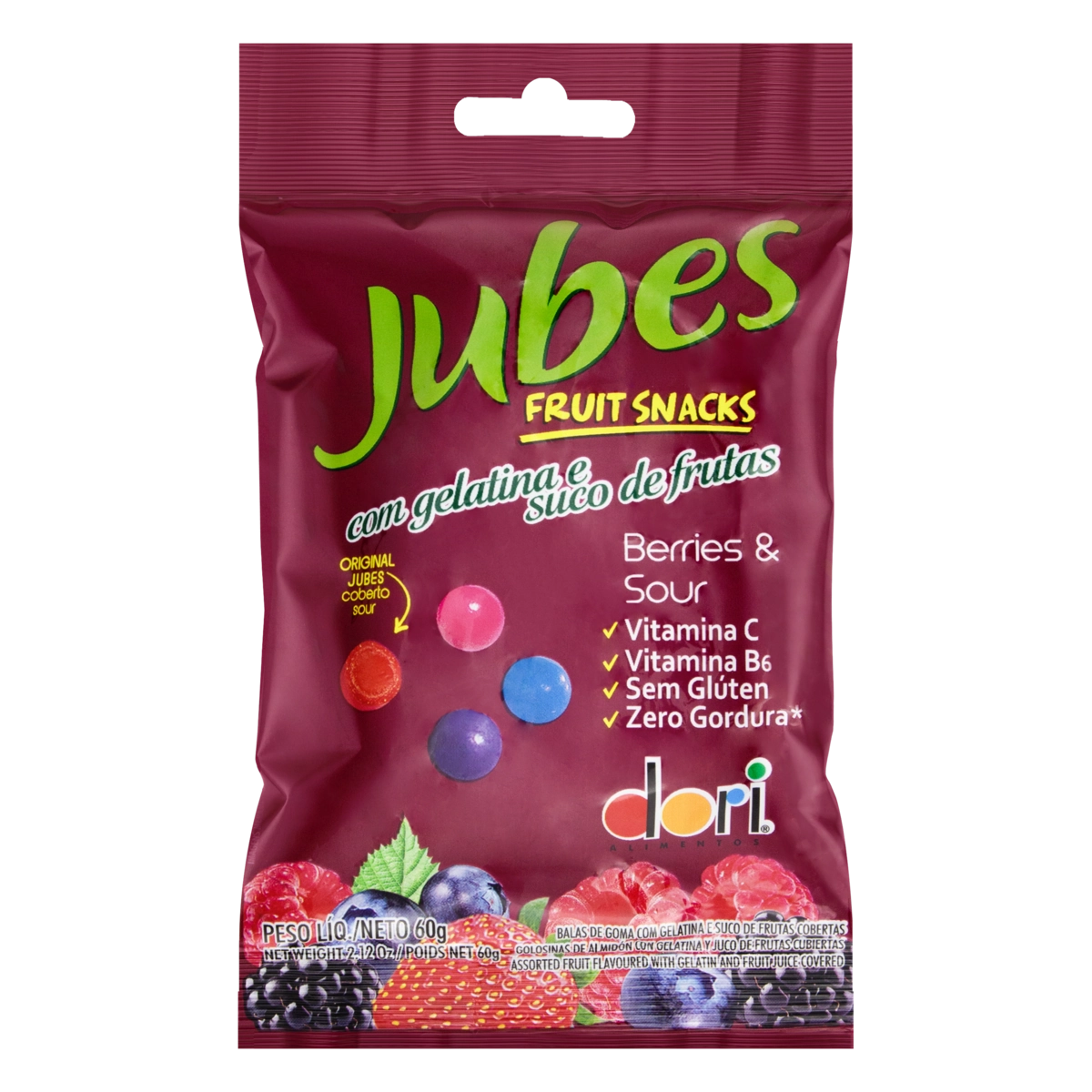 Bala De Goma Berries Sour Fruit Snacks Dori Jubes Pacote 60g