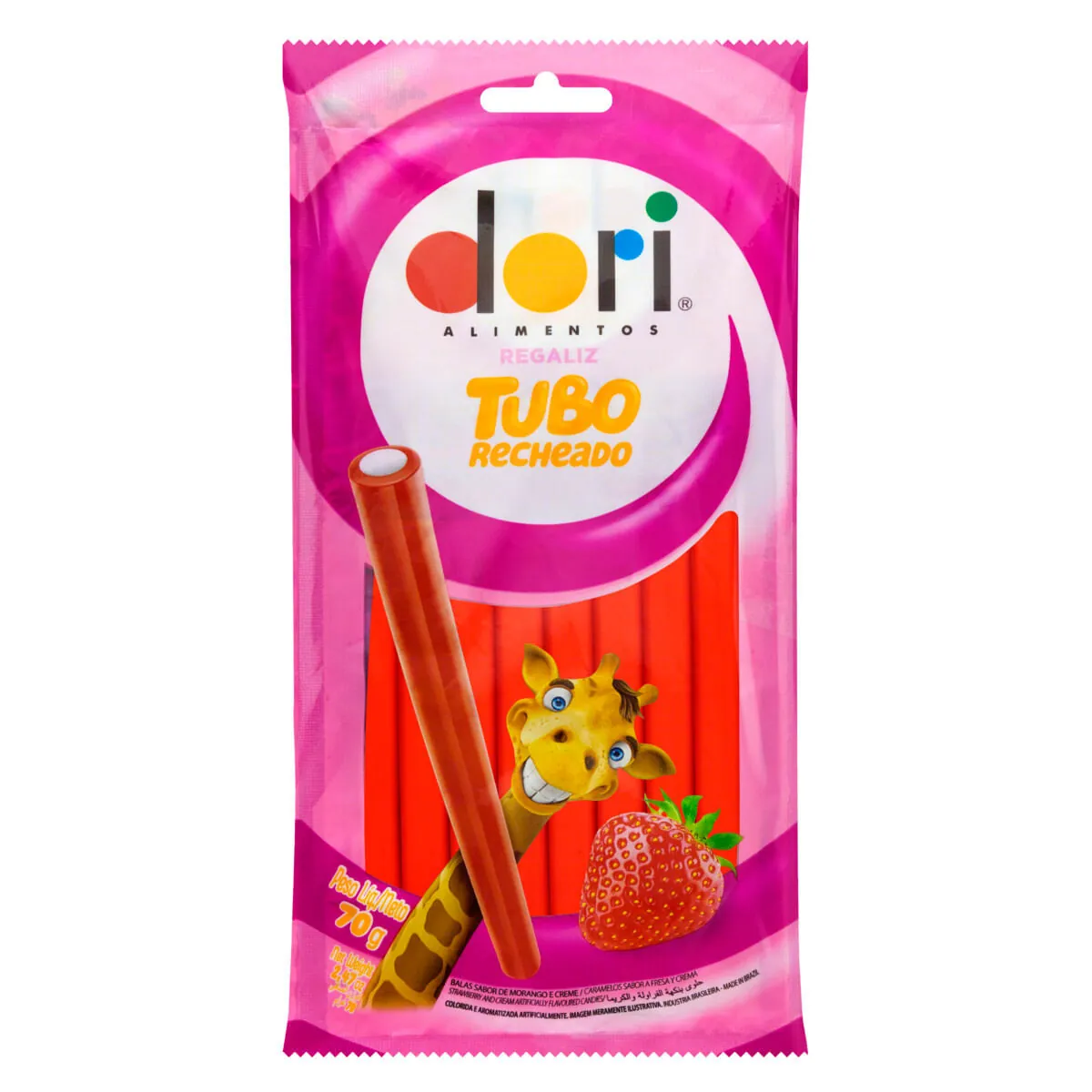 Bala DORI REGALIZE Tubo Recheado Sabor Morango 70g