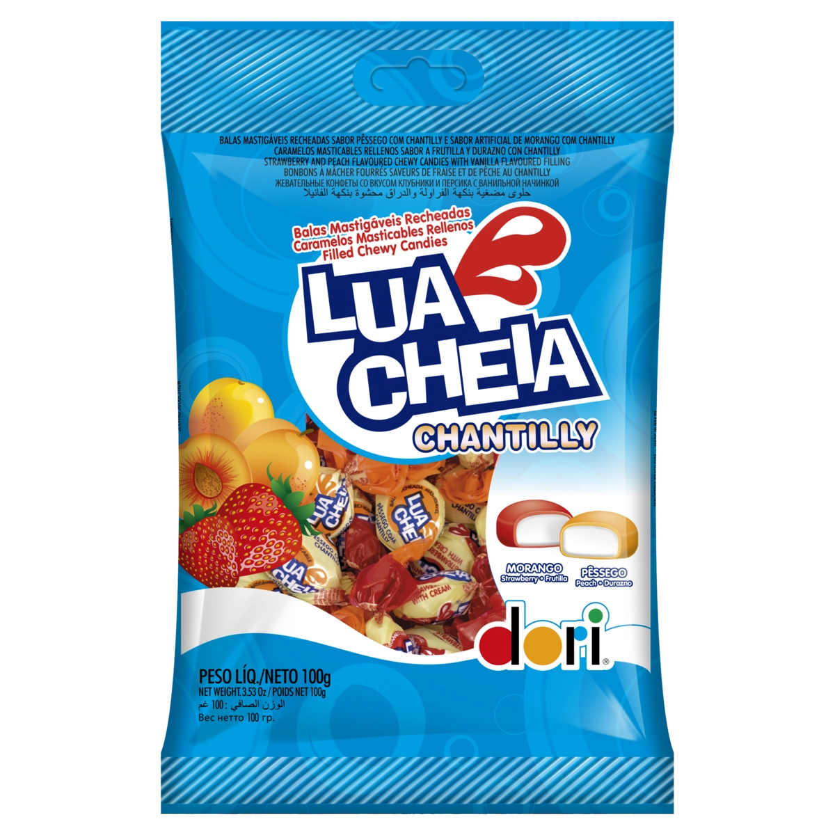 Bala Recheio Morango e Pêssego Dori Lua Cheia Chantilly Pacote 100g
