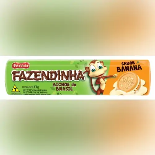 Biscoito Recheio Banana Fazendinha Bichos Do Brasil Pacote 108g