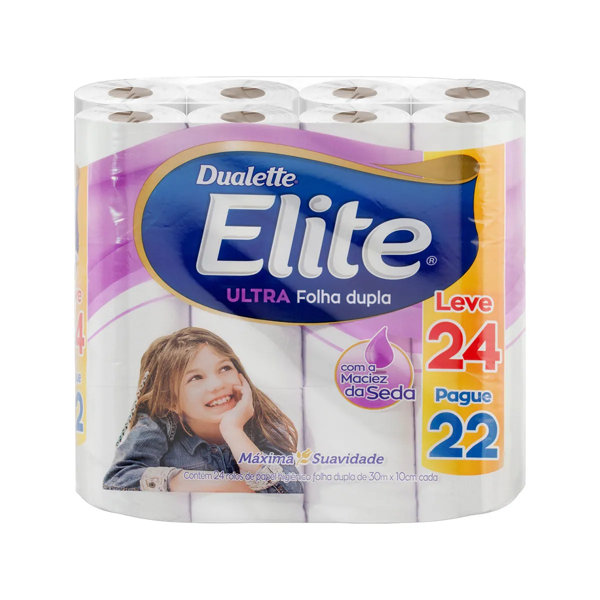Papel Higiênico Folha Dupla Dualette Elite Ultra 30m Pacote Leve 24 Pague 22 Unidades