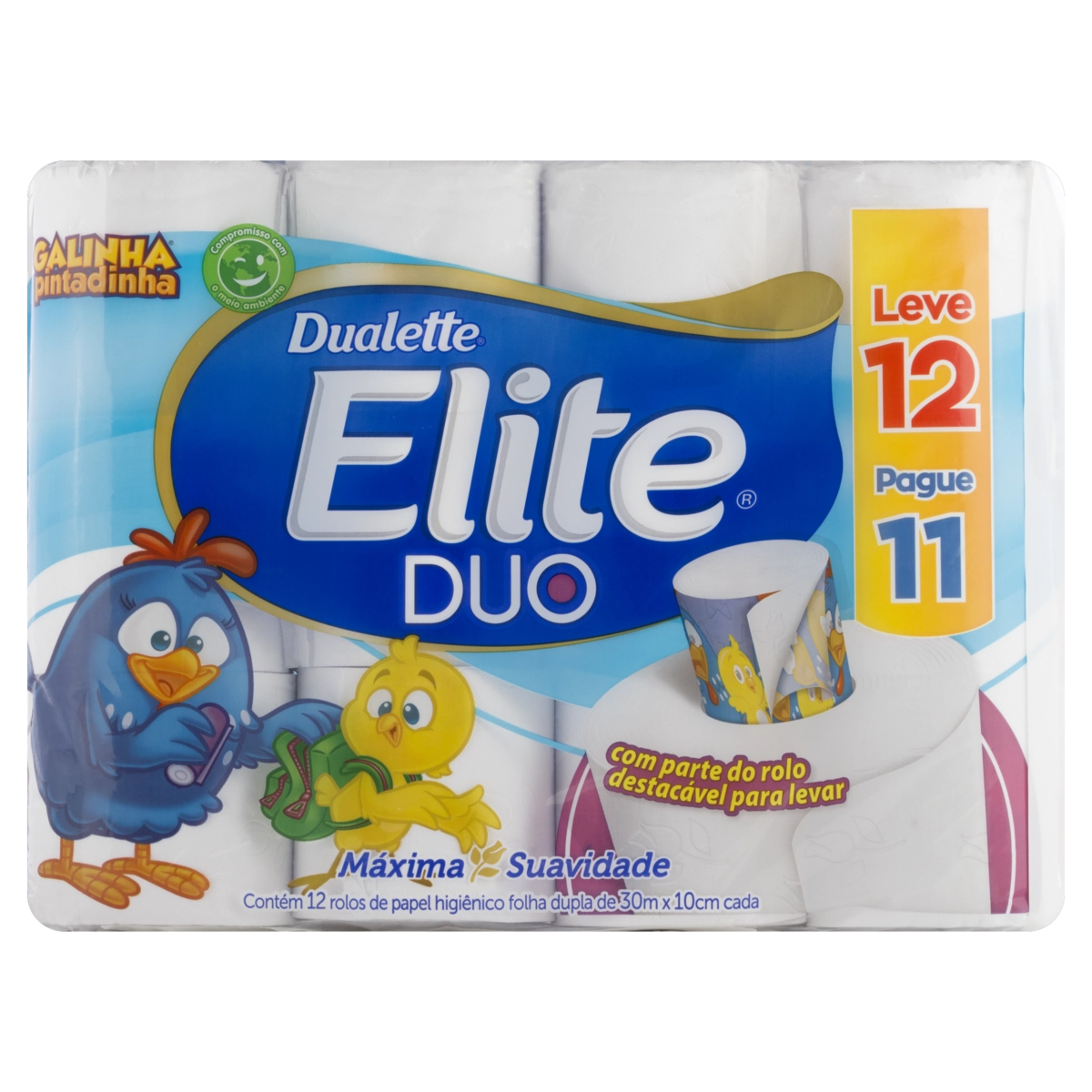 Papel Higiênico Folha Dupla Elite Dualette Duo 30m Pacote Leve 12 Pague 11 Unidades