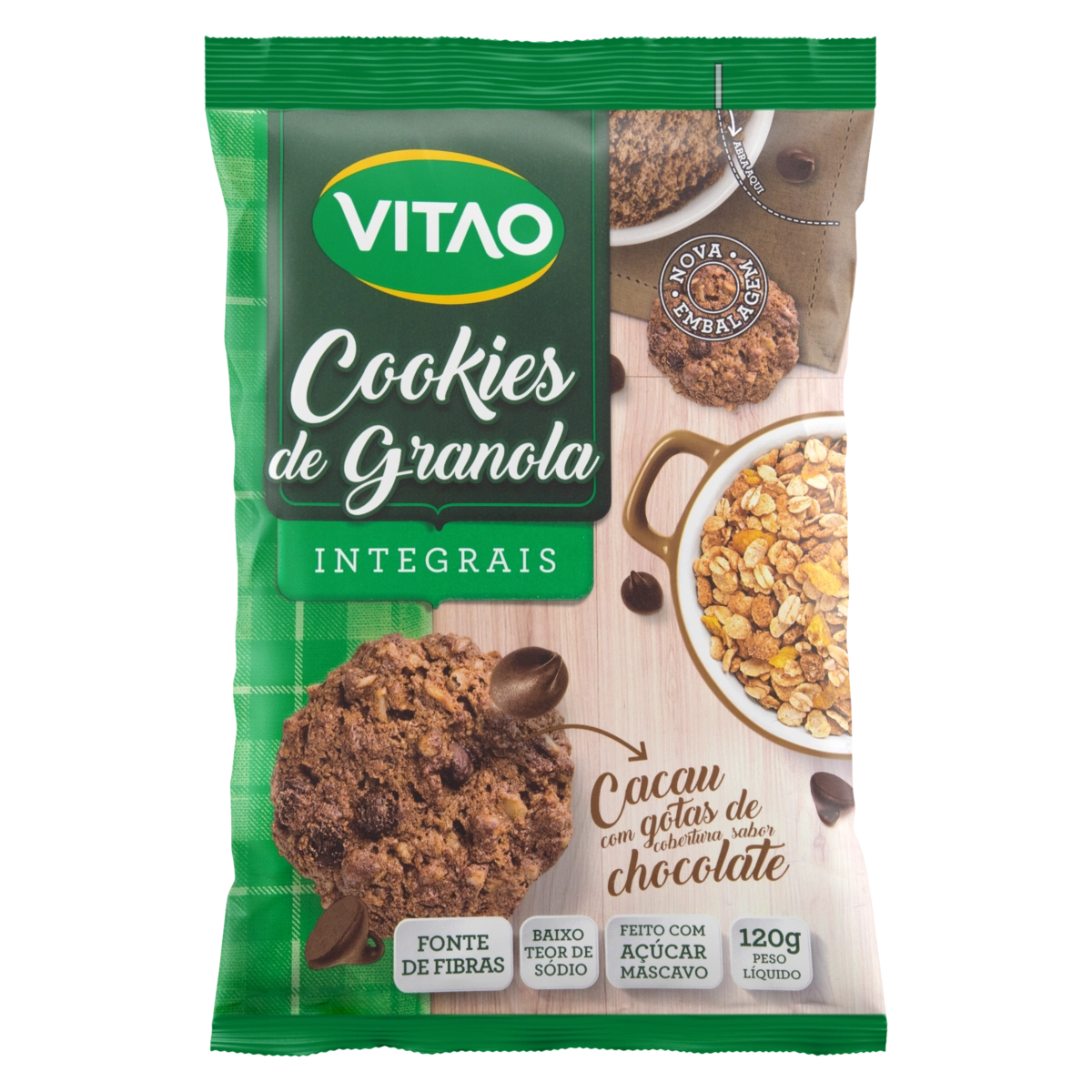 Biscoito Cookie Integral Granola E Cacau Com Gotas De Chocolate Vitao Pacote 120g