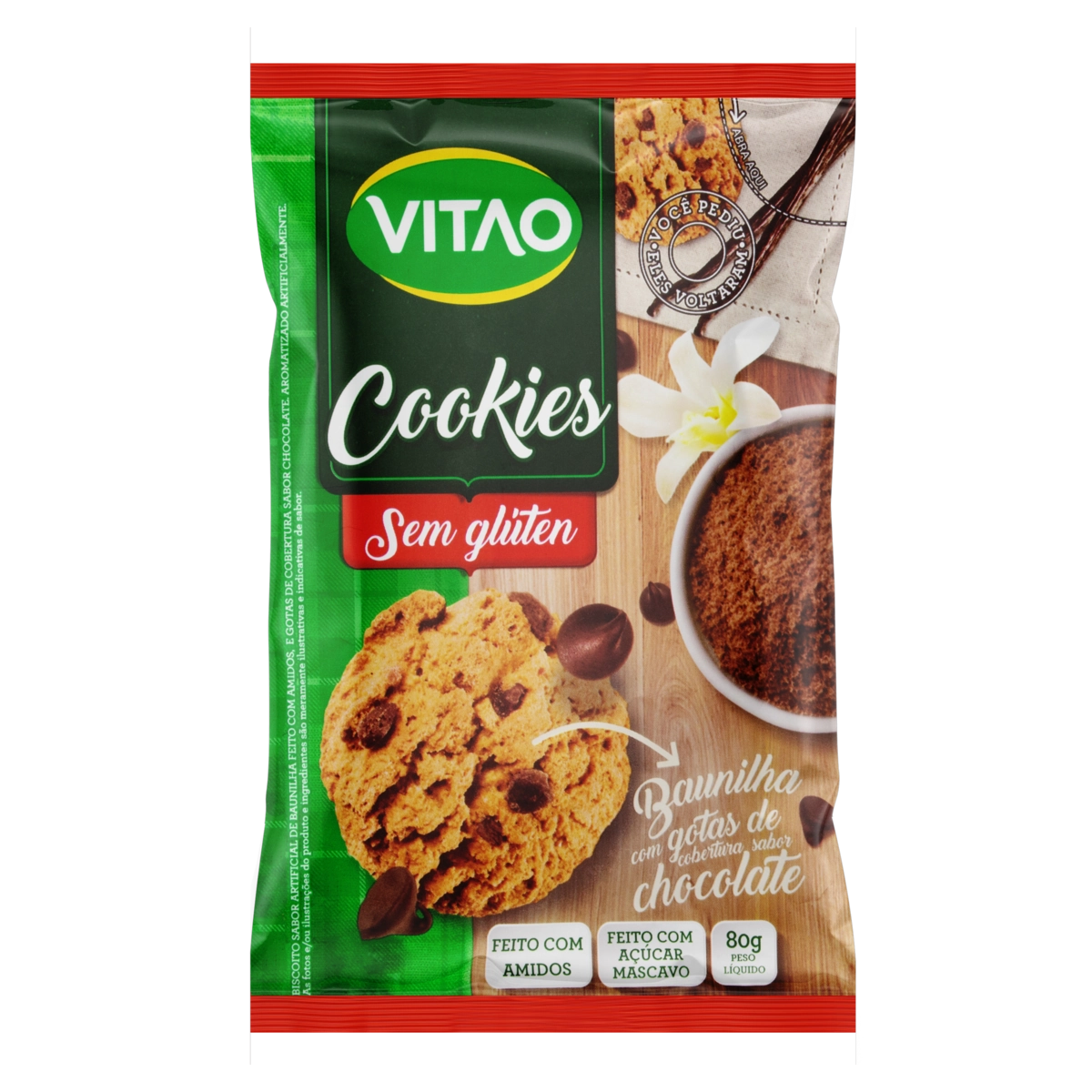Biscoito Cookie Baunilha Com Gotas De Chocolate Sem Glúten Vitao Pacote 80g
