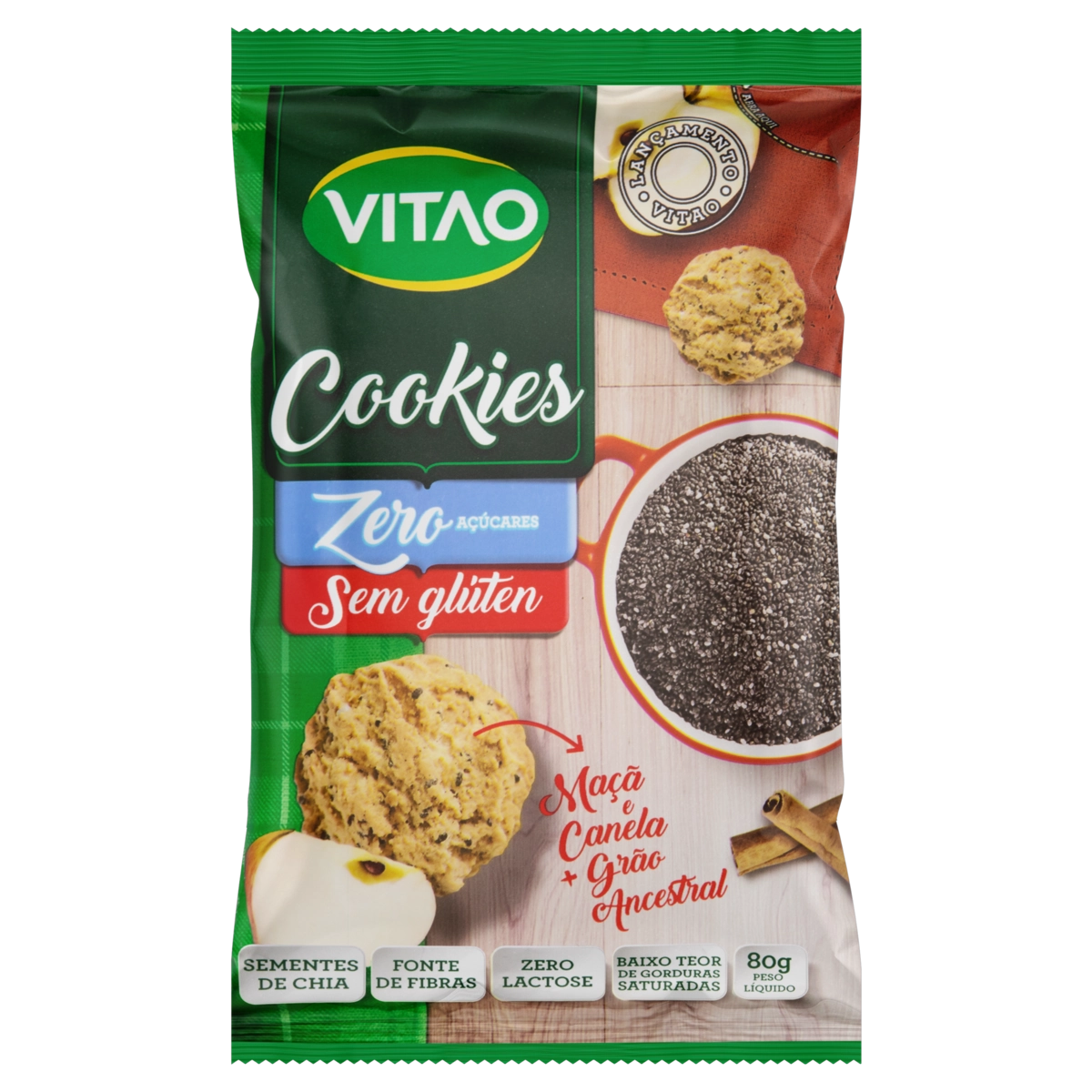 Biscoito Cookie Maçã E Canela Grão Ancestral Sem Glúten Zero Lactose Zero Açúcar Vitao Pacote 80g