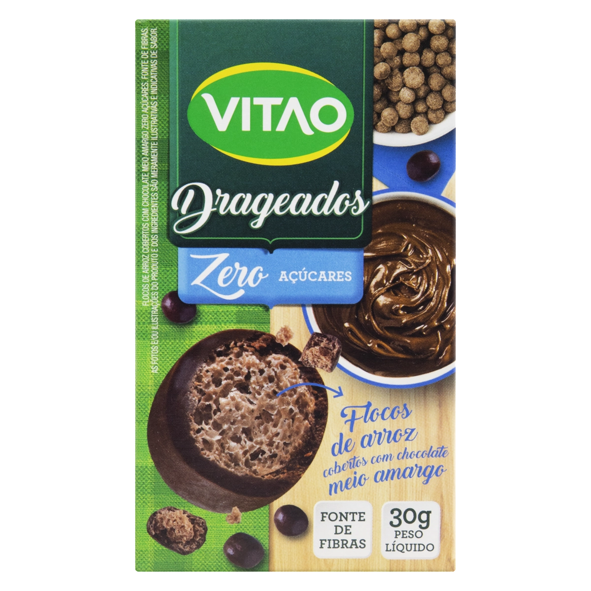 Flocos De Arroz Cobertura Chocolate Meio Amargo Zero Açúcar Vitao Drageados Caixa 30g