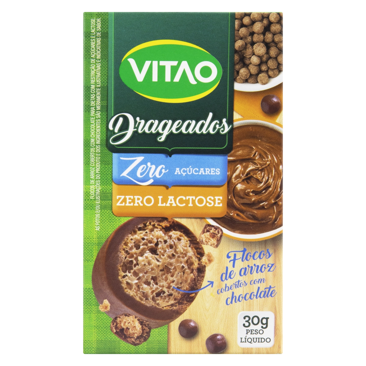 Flocos De Arroz Cobertura Chocolate Zero Lactose Zero Açúcar Vitao Drageados Caixa 30g