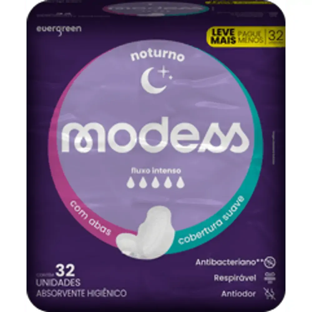 Absorvente Evergreen Modess com Abas 348g 32 Unidades