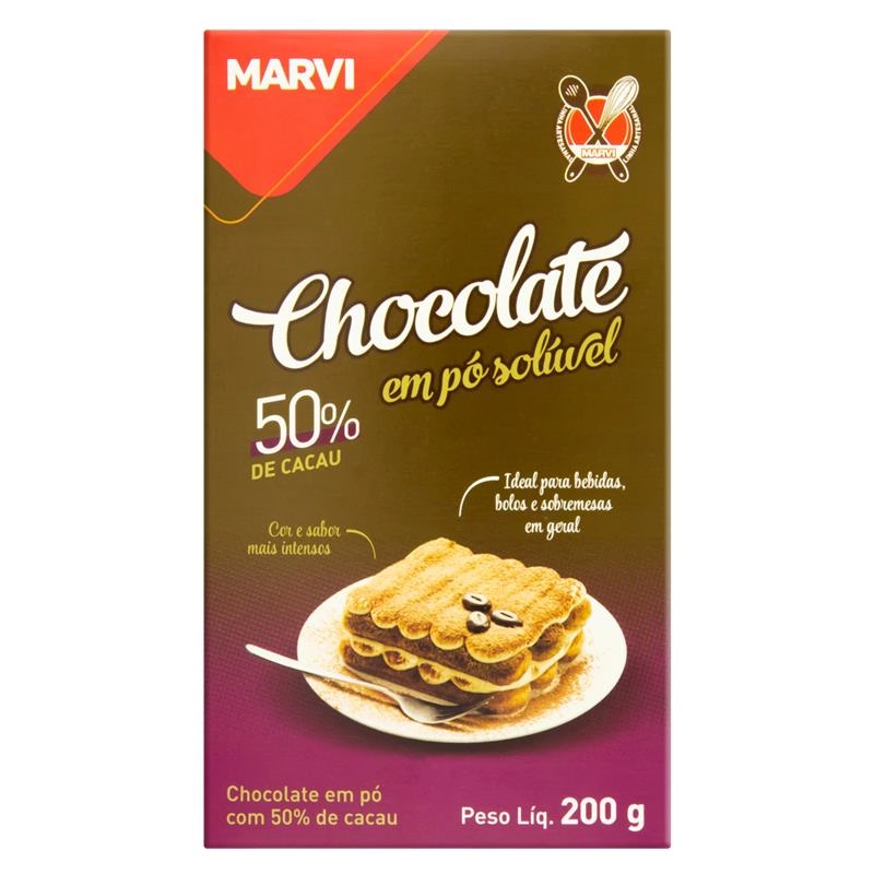 Chocolate Em Pó Solúvel 50 Cacau Marvi Artesanal Caixa 200g