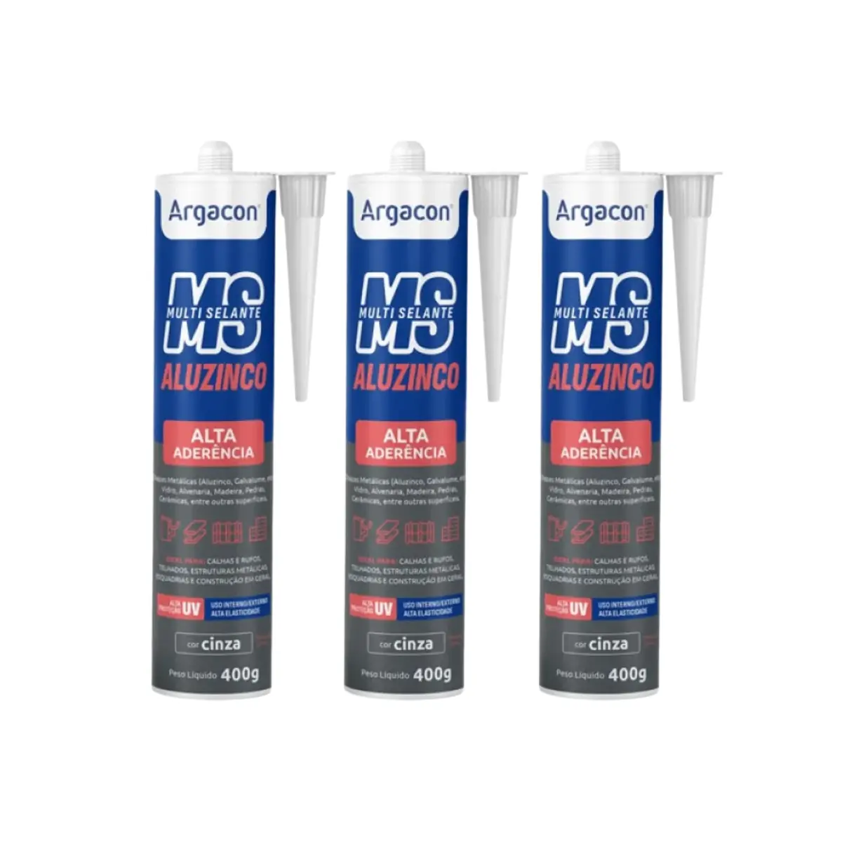 Kit 3 Selante Aluzinco Ms Argacon Tubo 400g Cinza Alta Aderência