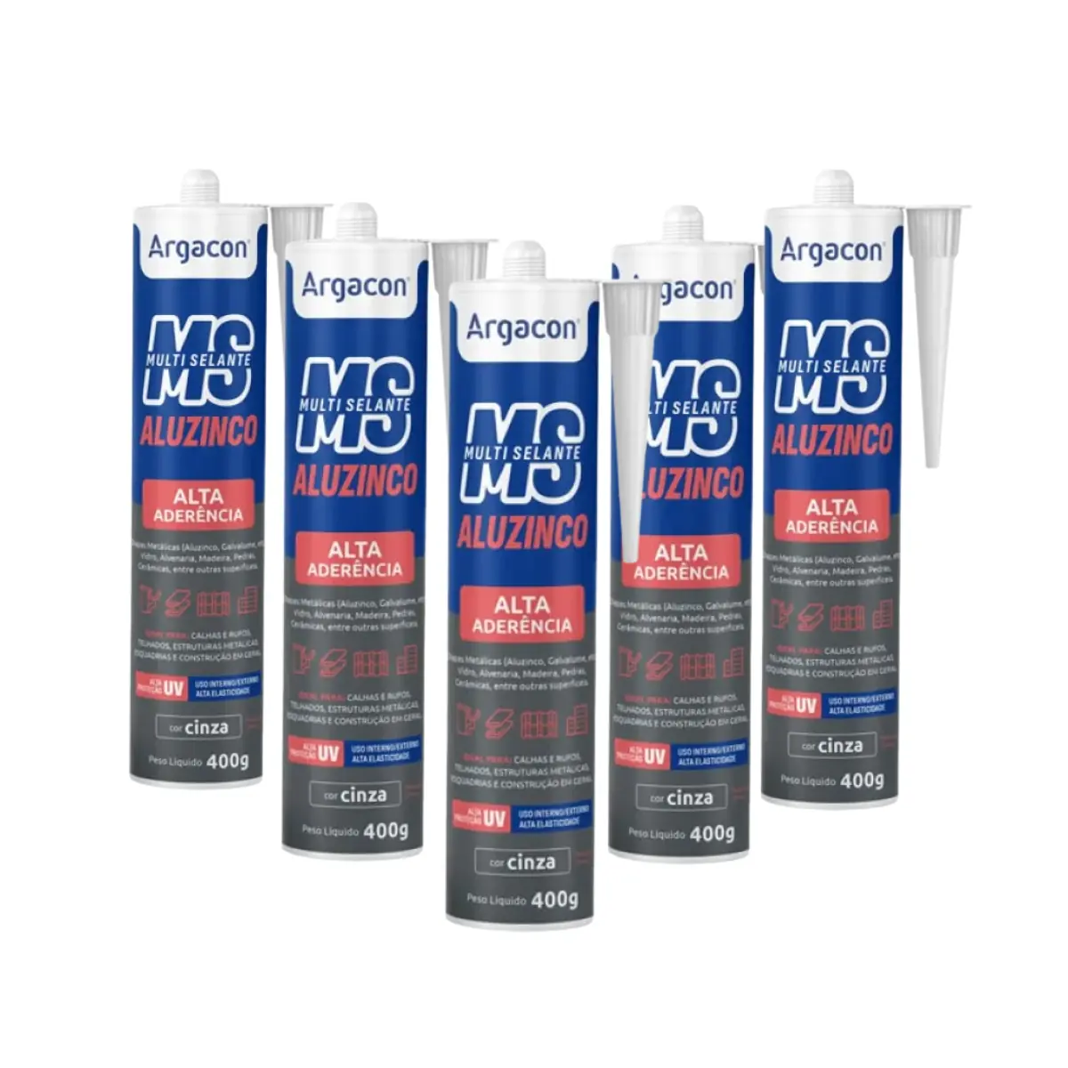 Kit 5/un Selante Aluzinco Ms Argacon Tubo 400g Cinza Alta Aderência