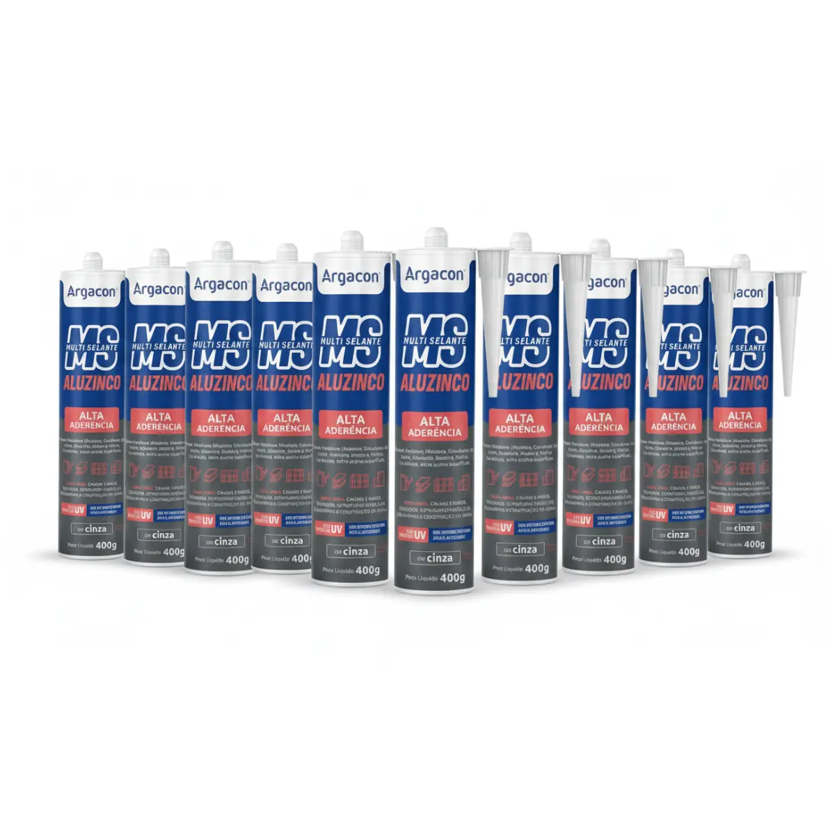 Kit 10/un Selante Aluzinco Ms Argacon Tubo 400g Cinza Alta Aderência
