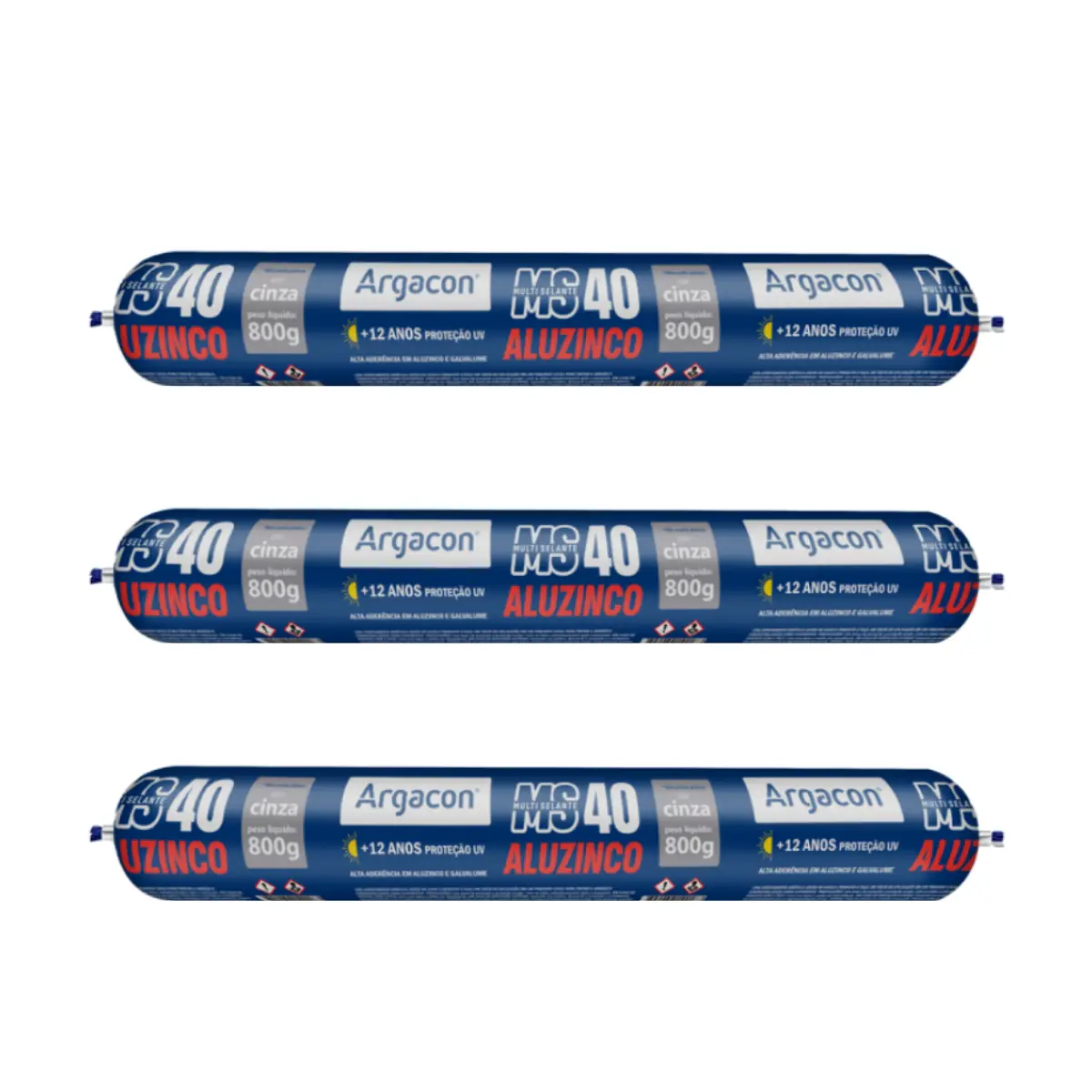 Kit 3 Selantes Aluzinco Argacon Ms40 Cinza 800g Alta Aderência