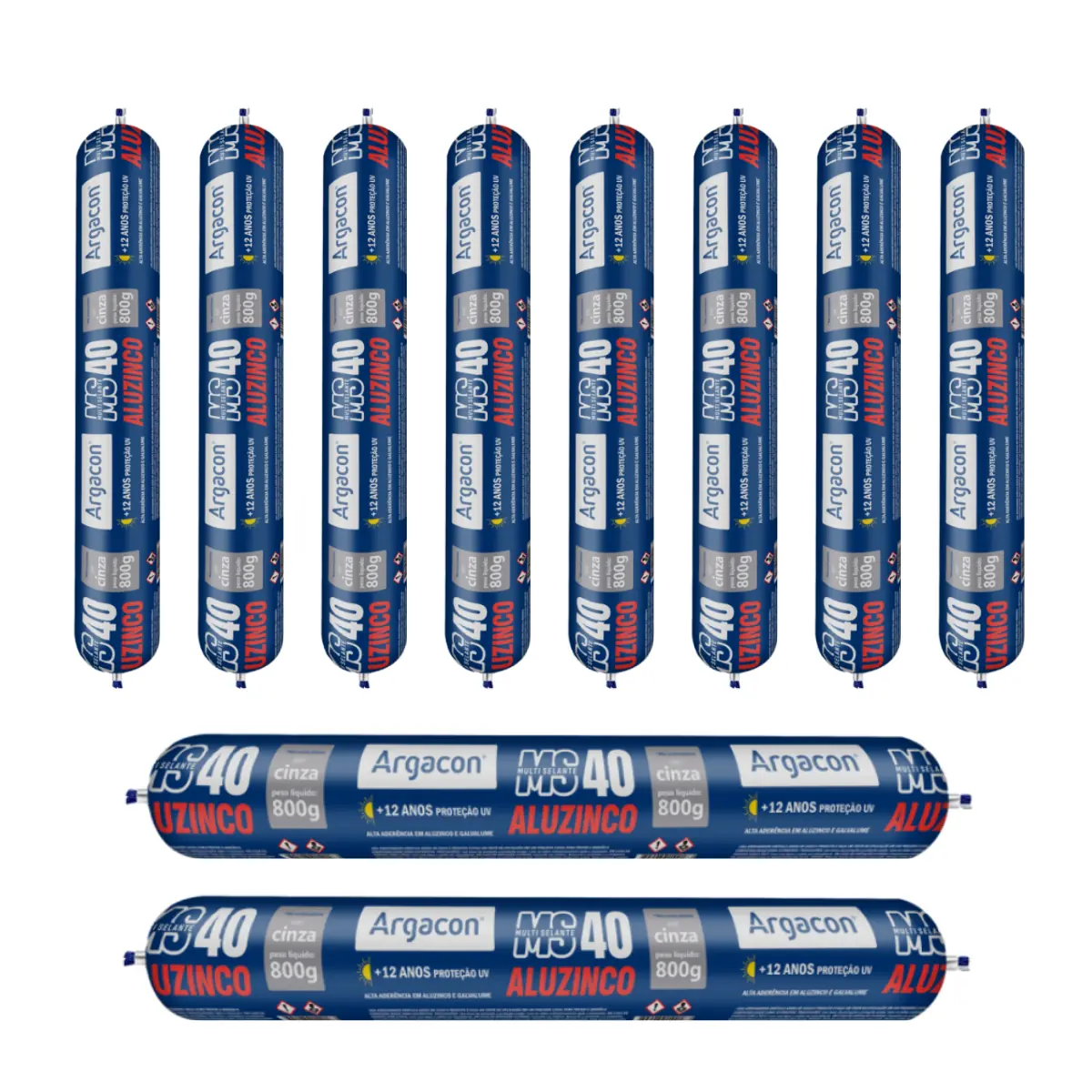Kit 10 Selantes Aluzinco Argacon Ms40 Cinza 800g Alta Aderência