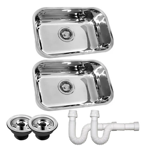 Kit 2 Cuba Fischer Inox 46x30x14cm + Válvula 3 1/2 + Sifão Polida