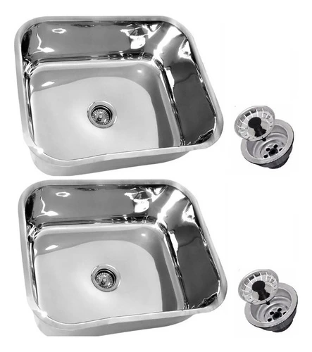Kit 2 Cuba Fischer Inox N°3 40x34x14cm Com Válvula 3 1/2 Polida