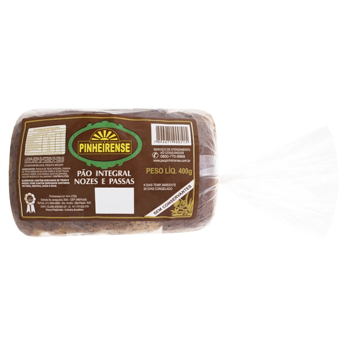 Pão Integral Nozes e Passas Pinheirense Pacote 400g