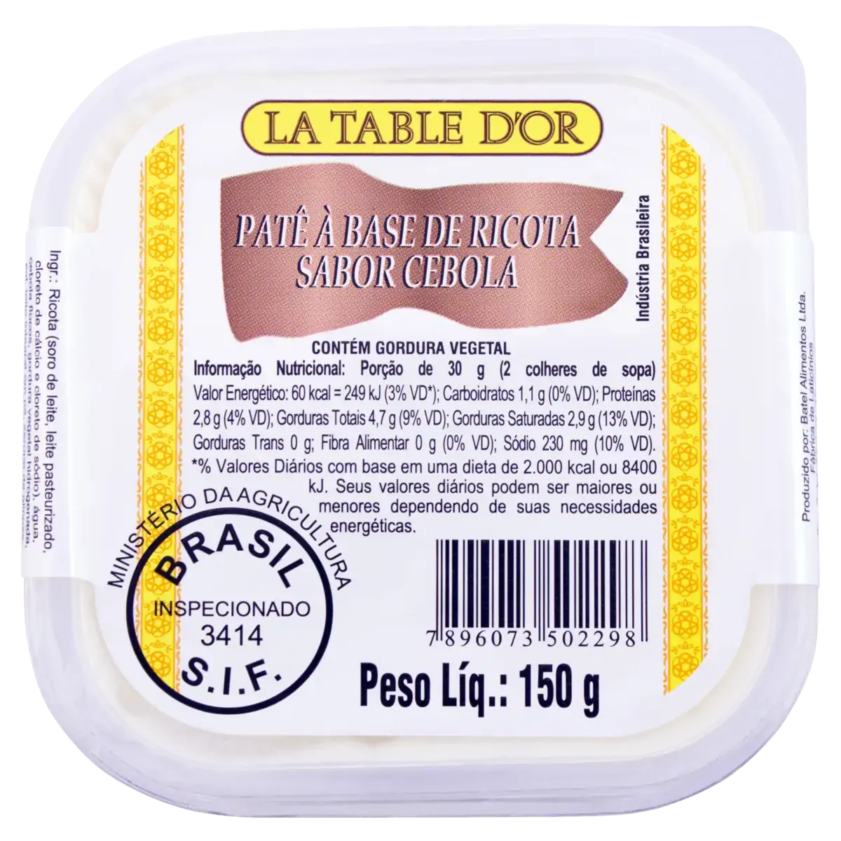 Patê à Base De Ricota Cebola La Table Dor Pote 150g