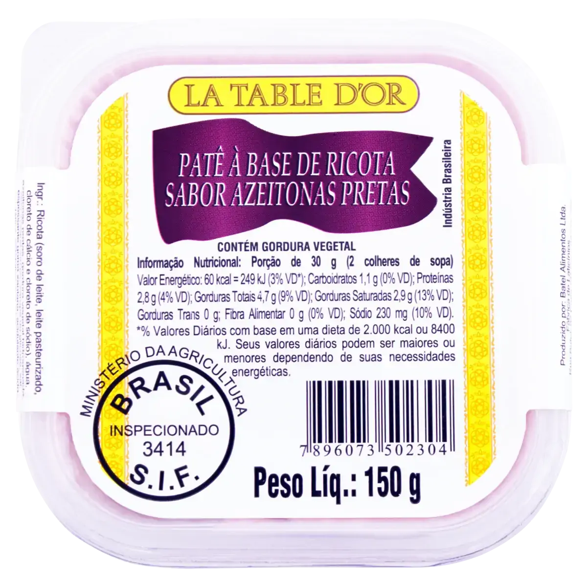 Patê à Base De Ricota Azeitonas Pretas La Table Dor Pote 150g