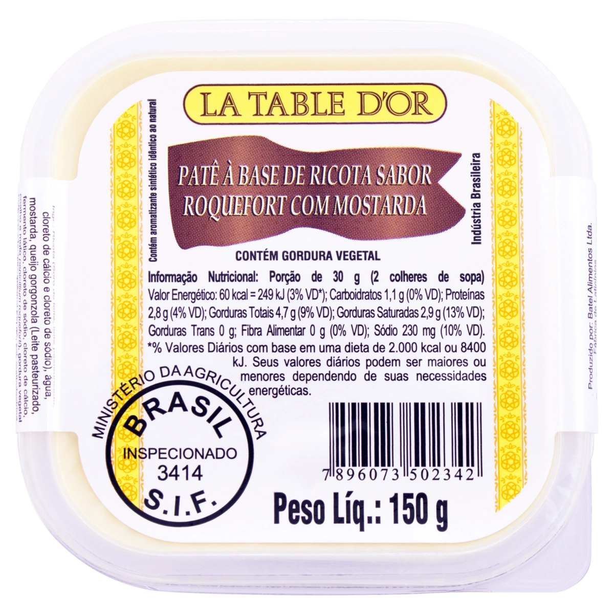 Patê à Base De Ricota De Roquefort Com Mostarda La Table Dor Pote 150g