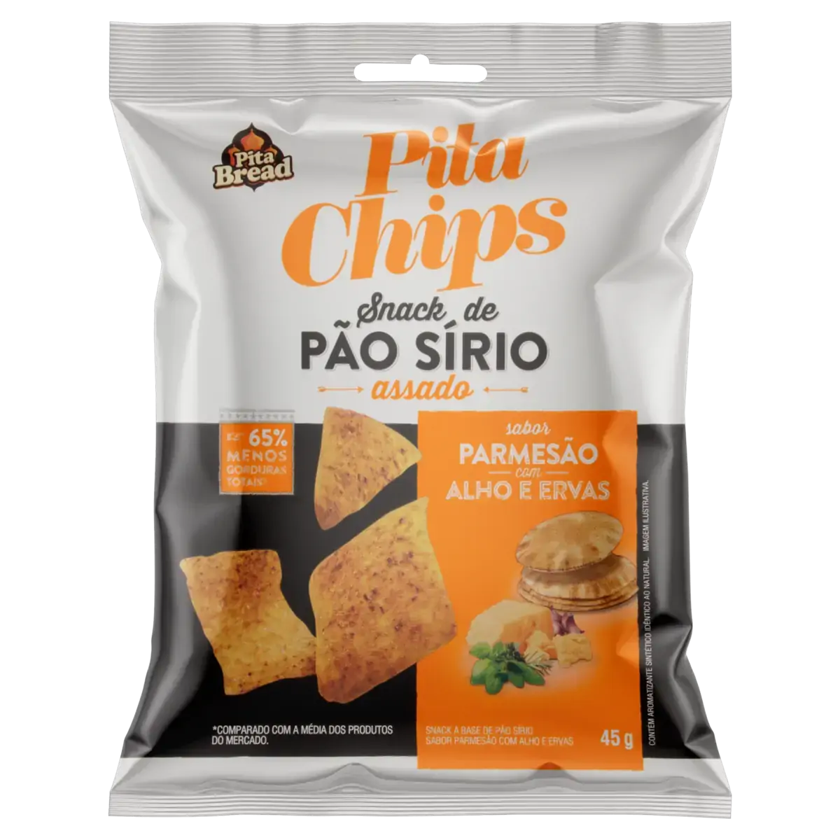 Snack De Pão Sírio Parmesão Com Alho E Ervas Pita Chips Pacote 45g