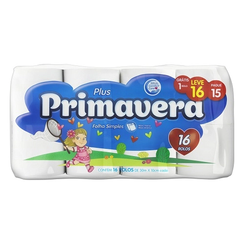 Papel Higiênico Folha Simples Primavera Plus 30m Pacote Leve 16 Pague 15 Unidades