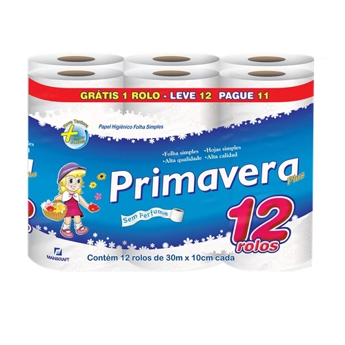 Papel Higiênico Folha Simples Neutro Primavera Plus 60m Pacote Leve 12 Pague 11 Unidades