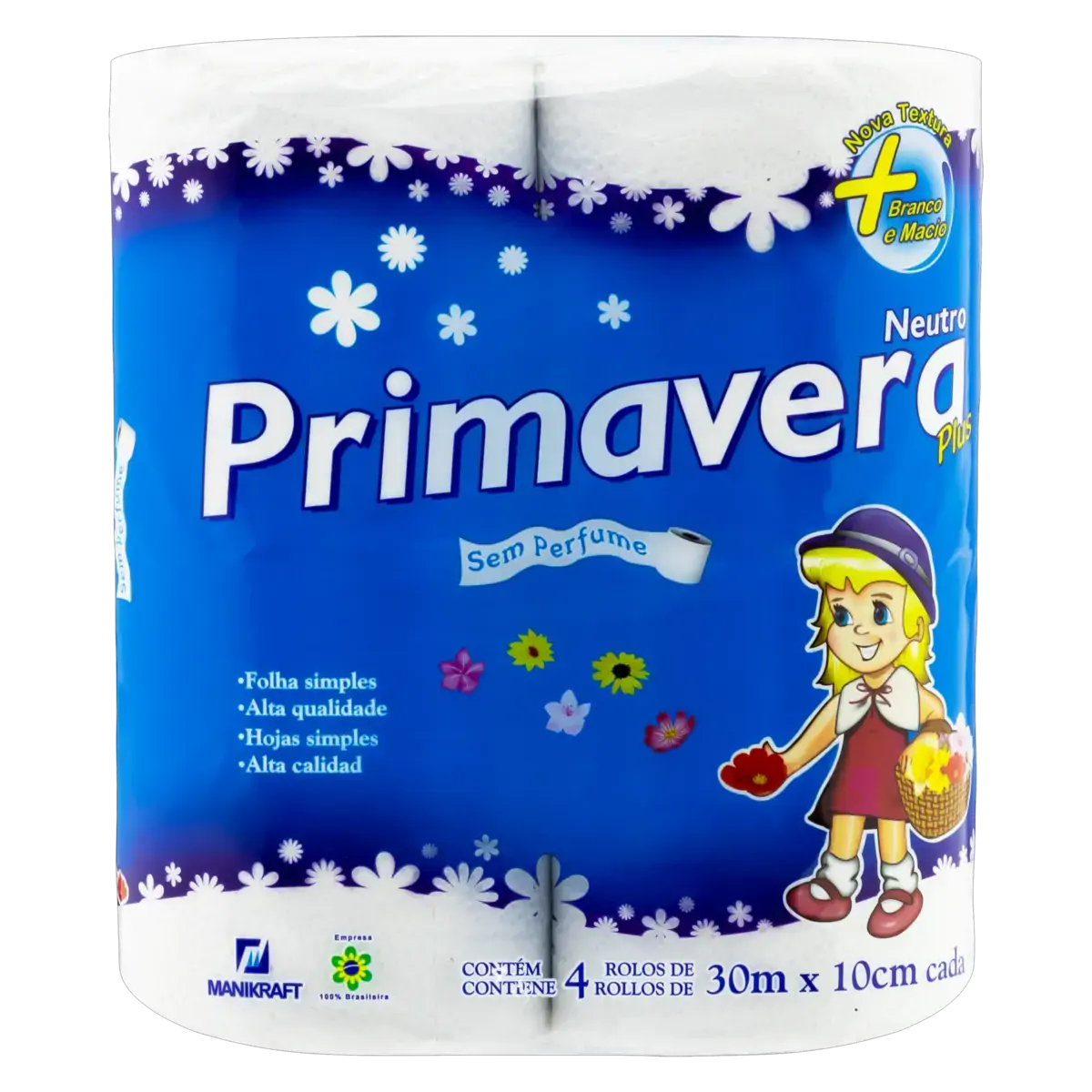 Papel Higiênico Folha Simples Neutro Primavera Plus 30m Pacote 4 Unidades