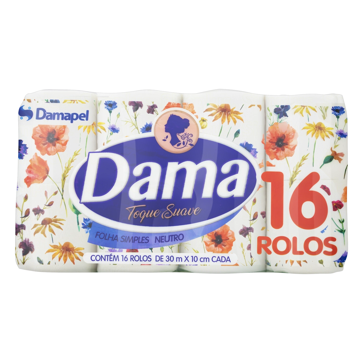 Papel Higiênico Folha Simples Toque Suave Neutro Dama 30m Pacote 16 Unidades