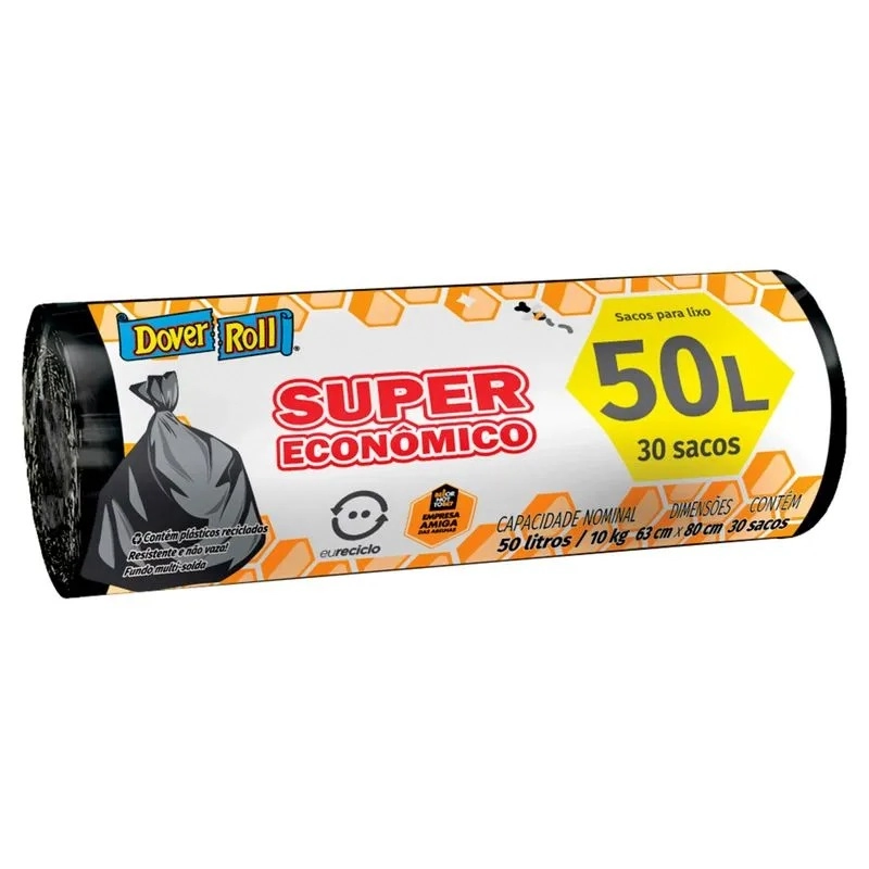 Saco Para Lixo 50l Dover Roll Super Econômico 30 Unidades