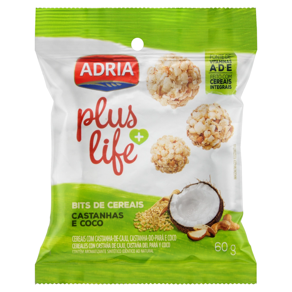 Bits De Cereais Com Castanhas E Coco Integral Adria Plus Life Pacote 60g