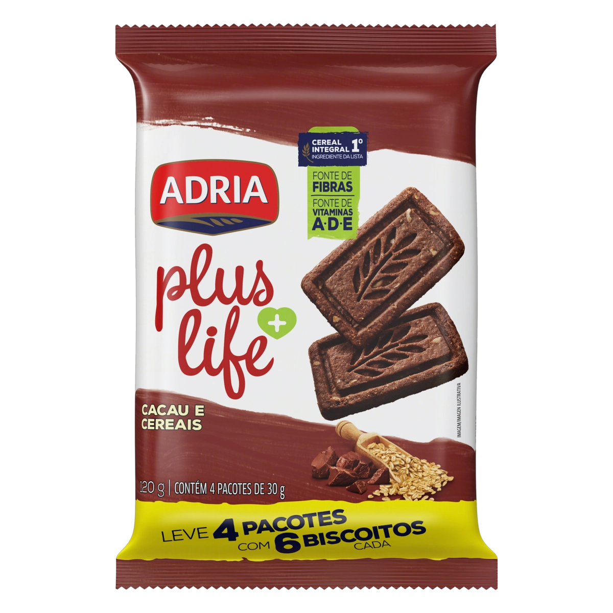 Pack Biscoito Integral Cacau E Cereais Adria Plus Life Pacote 120g 4 Unidades