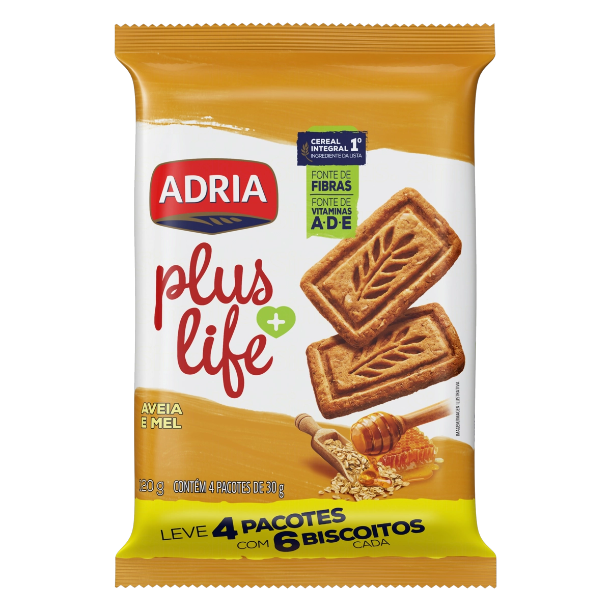 Pack Biscoito Integral Aveia E Mel Adria Plus Life Pacote 120g 4 Unidades