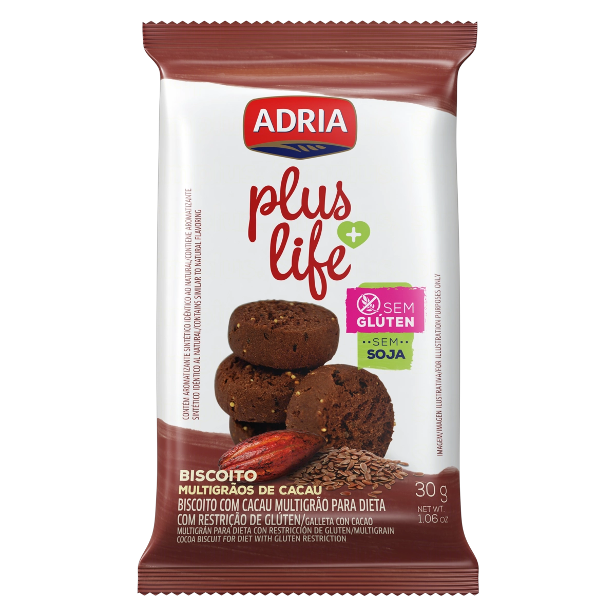 Biscoito Multigrãos De Cacau Sem Glúten Adria Plus Life Pacote 30g