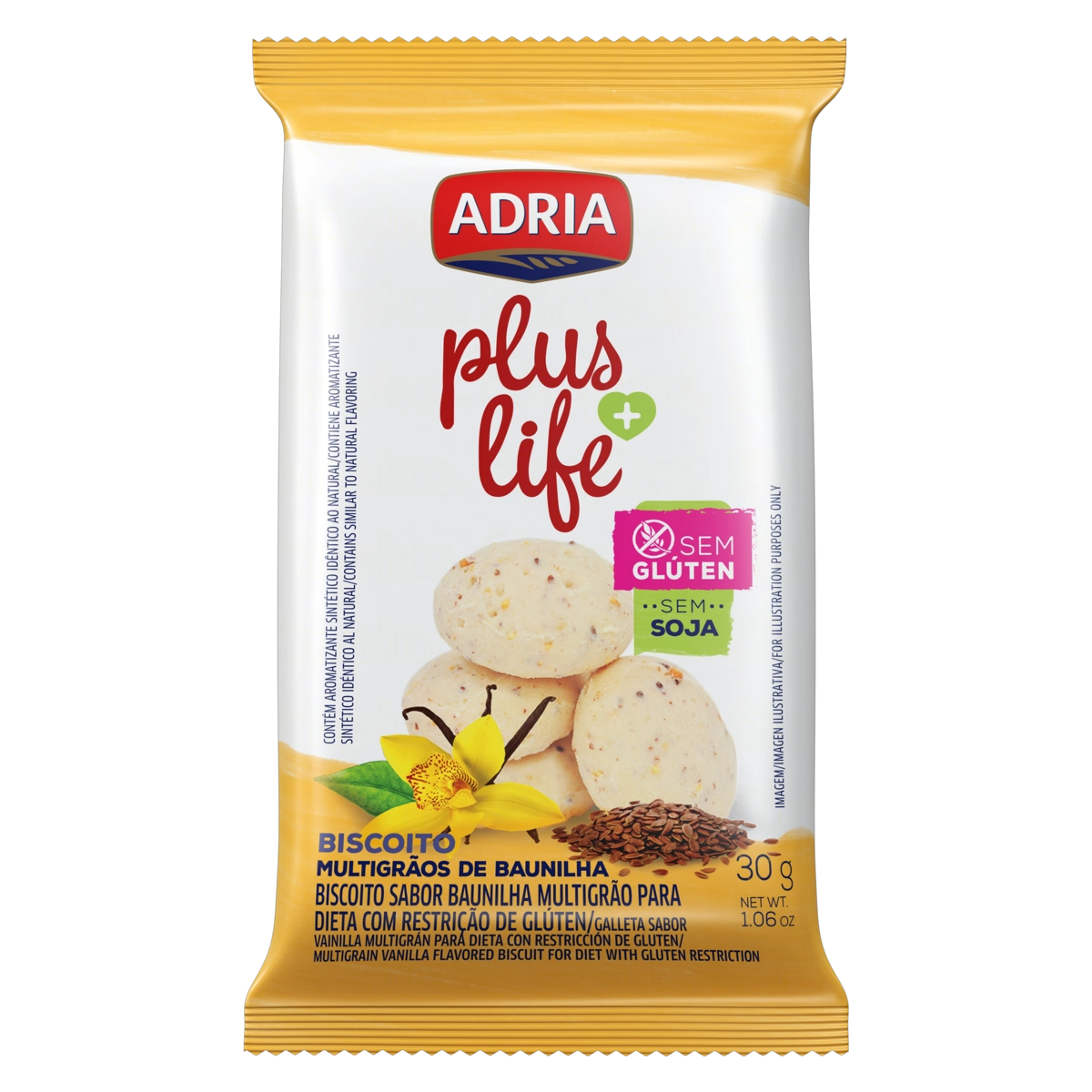 Biscoito Multigrãos De Baunilha Sem Glúten Adria Plus Life Pacote 30g