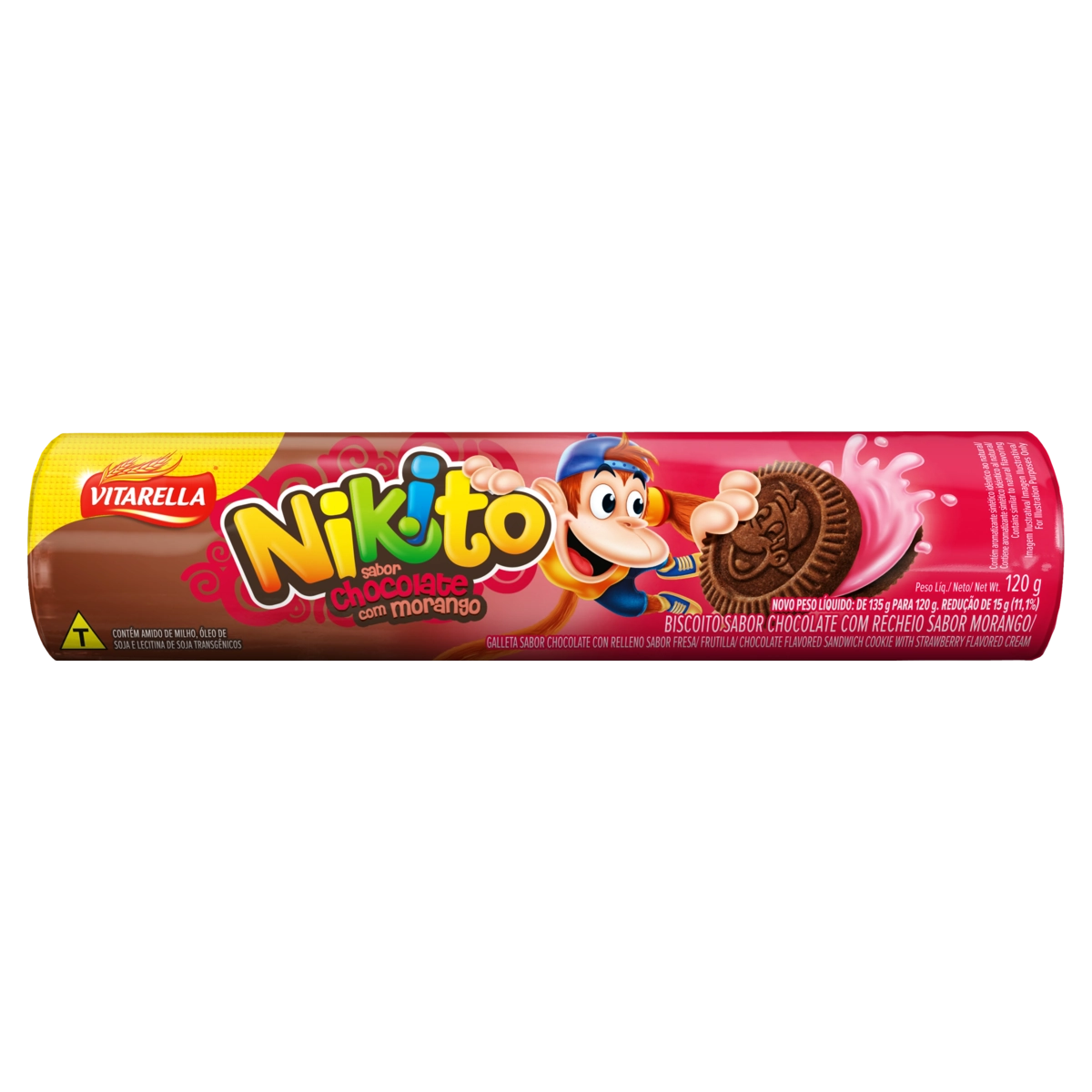 Biscoito Chocolate Recheio Morango Vitarella Nikito Pacote 120g
