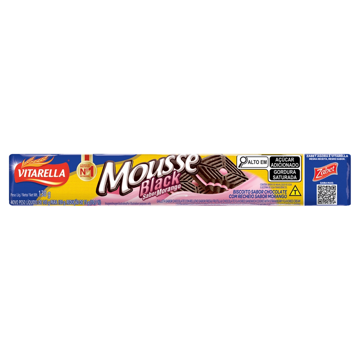 Biscoito Chocolate Recheio Morango Vitarella Mousse Black Pacote 130g
