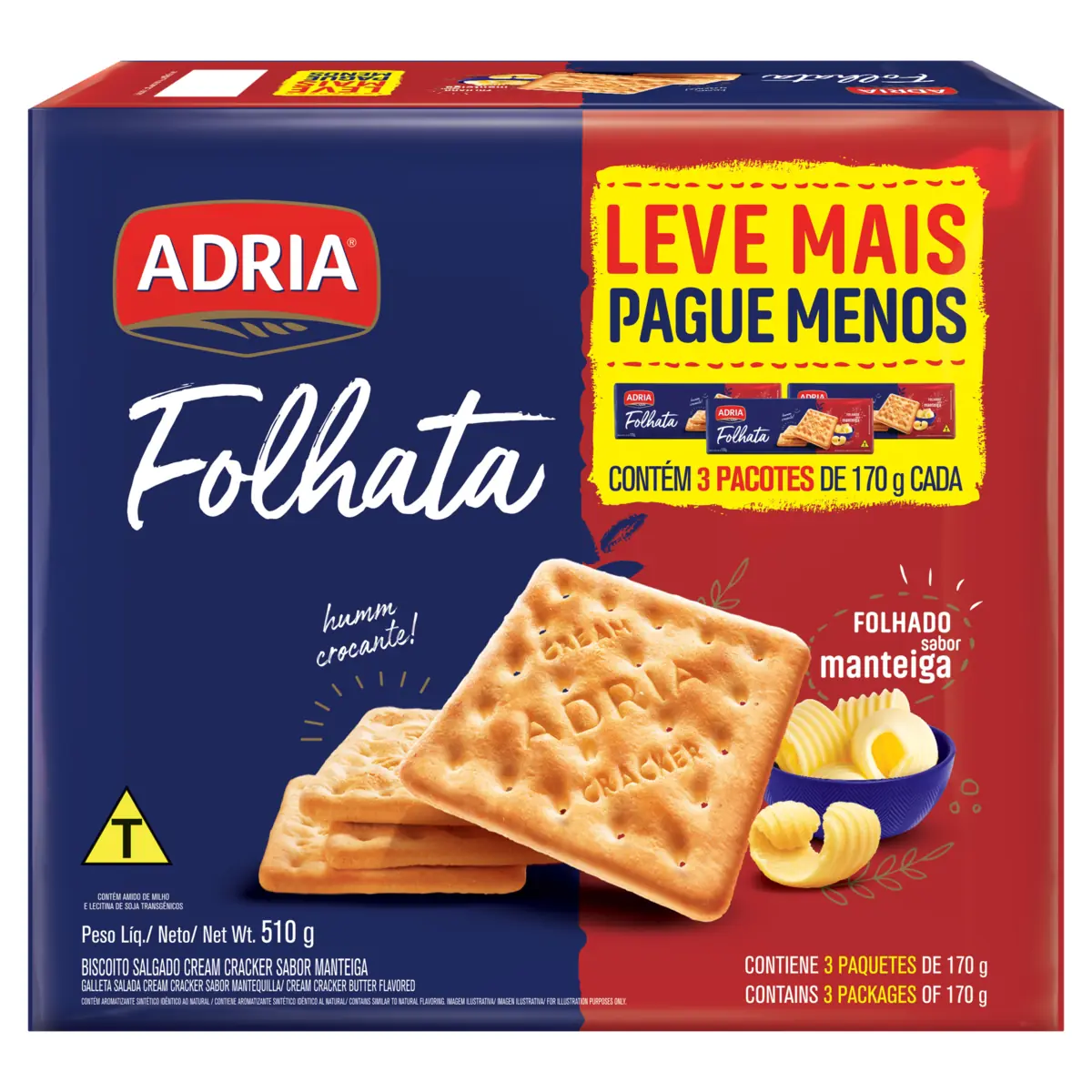 Pack Biscoito Cream Cracker Manteiga Adria Folhata Pacote 510g Leve Mais Pague Menos
