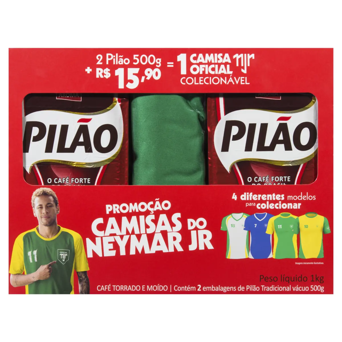 Kit 2 Cafés Torrado E Moído A Vácuo Tradicional 500g 1 Camisa Oficial Colecionável Verde Neymar Jr P